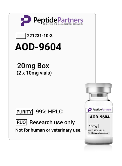 Peptide Partners AOD-9604 vial packaging with label on a white background