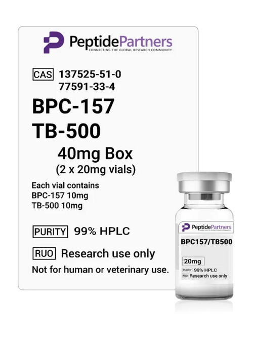 Vial and packaging of BPC-157 TB-500 with Peptide Partners branding on a white background