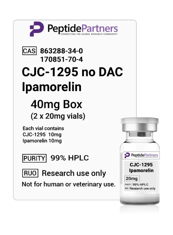 Peptide Partners CJC-1295 no DAC Ipamorelin packaging with vial and label on a white background
