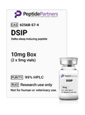 Peptide packaging with Peptide Partners branding and DSIP peptide information.