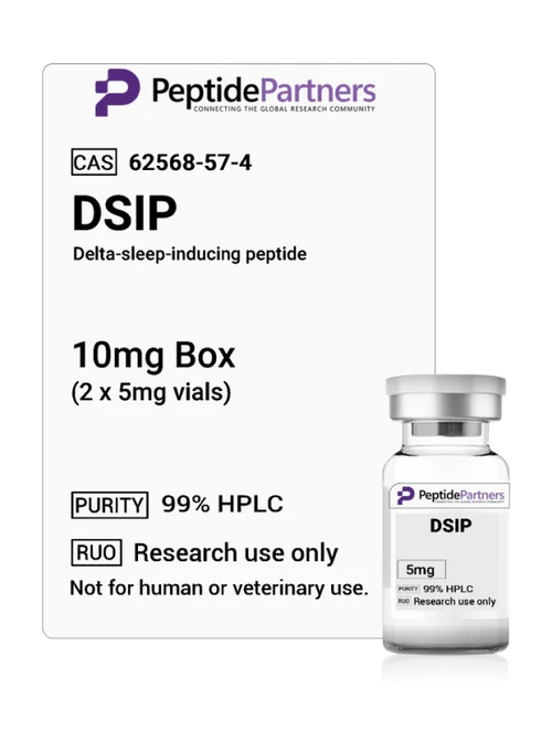 Peptide packaging with Peptide Partners branding and DSIP peptide information.
