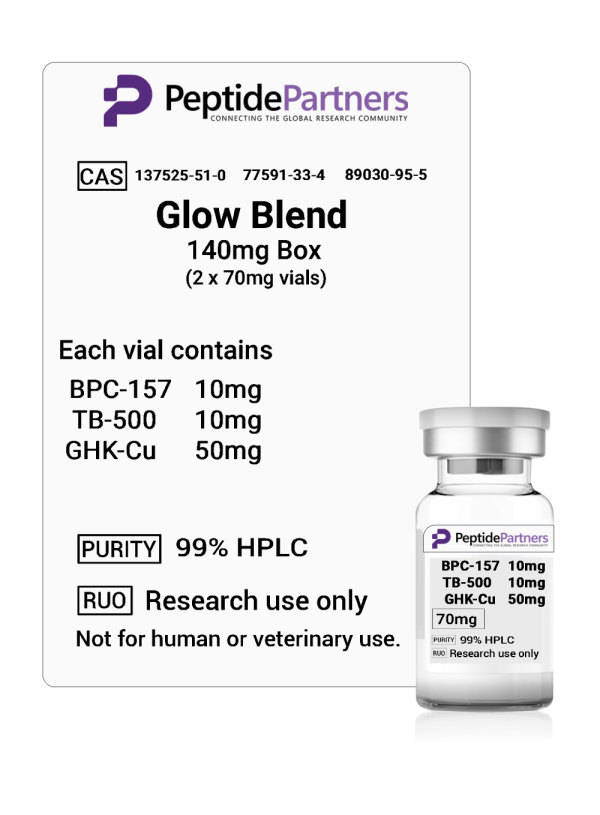 Peptide Partners Glow Blend packaging with vial and label details on a white background