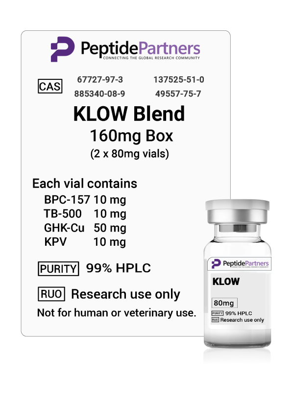 Peptide Partners KLOW Blend packaging with vial and label details.