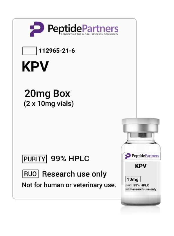 Peptide Partners KPV vial packaging with label on a white background