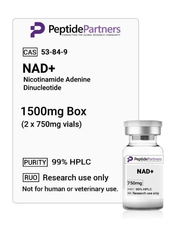NAD+ supplement packaging with Peptide Partners branding on a white background