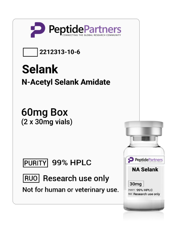 Peptide Partners vial packaging for Selank N-Acetyl Selank Amidate with label details.