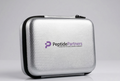 Silver case with Peptide Partners logo on a gray background