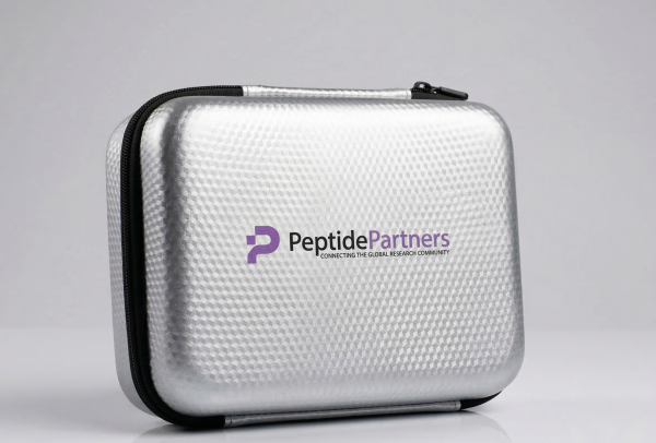 Silver case with Peptide Partners logo on a gray background