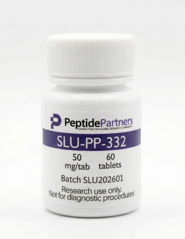 Bottle of Peptide Partners SLU-PP-332 tablets on a white background
